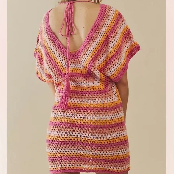 Flook x Free People Eden XS & Med Pink Striped Crochet Handmade Knit Cover-Up